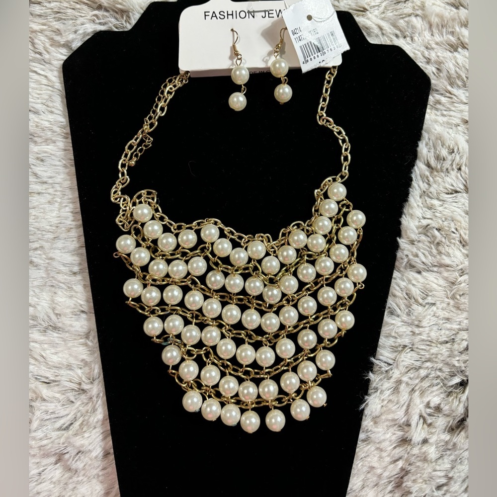 Multi Strand Statement Necklace and Earring Set Faux Pearl & Goldtone New W Tags
